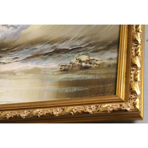 8 - A GILT FRAMED OIL ON CANVAS OF BREAKING WAVES ON A BEACH