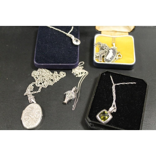 305 - LARGE SILVER LOCKET AND CHAIN TOGETHER WITH FIVE SILVER NECKLACES