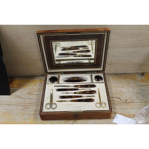 312 - ANTIQUE MANICURE SET IN FITTED LEATHER CASE