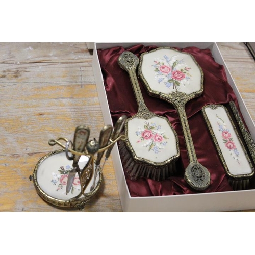 339 - A VINTAGE PETIT POINT EMBROIDERED DRESSING TABLE SET