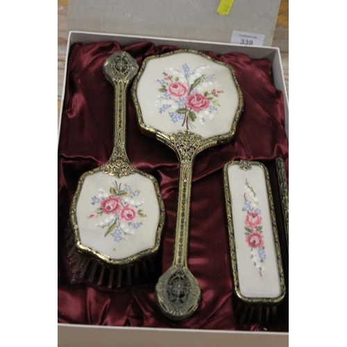 339 - A VINTAGE PETIT POINT EMBROIDERED DRESSING TABLE SET