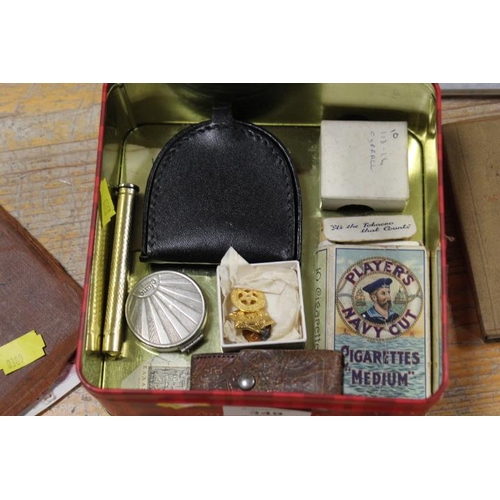 349 - A QUANTITY OF COLLECTABLES TO INCLUDE MILITARY ALUMINIUM SWEETHEART TYPE CIGARETTE CASES, CIGARETTE ... 