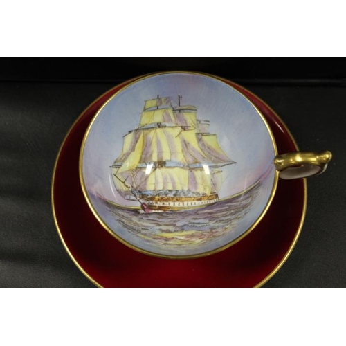 367 - AYNSLEY HANDPAINTED SIGNED SHIP DESIGN CUP AND SAUCER