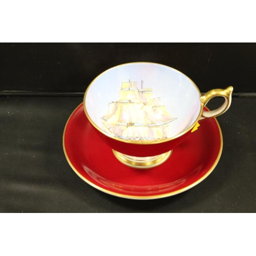 367 - AYNSLEY HANDPAINTED SIGNED SHIP DESIGN CUP AND SAUCER