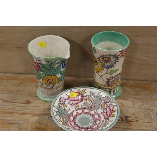 379 - A VINTAGE CHARLOTTE RHEAD JUG, BOWL AND VASE (3)