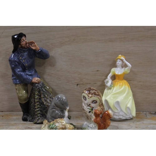 383 - A ROYAL DOULTON FIGURE SEA HARVEST - A/F TOGETHER WITH A SMALL COALPORT FIGURINE AND TWO BEATRIX POT... 