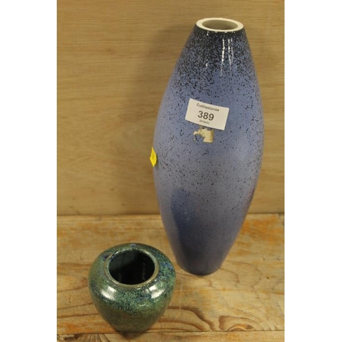 389 - LARGE BLUE COBRIDGE STONEWARE VASE PLUS A SMALL GREEN COBRIDGE STONEWARE VASE