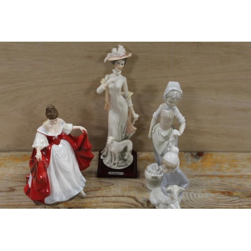 393 - A ROYAL DOULTON FIGURINE 'SARA', TOGETHER WITH A LLADRO AND A NAO FIGURE PLUS ANOTHER (4)