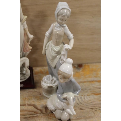 393 - A ROYAL DOULTON FIGURINE 'SARA', TOGETHER WITH A LLADRO AND A NAO FIGURE PLUS ANOTHER (4)