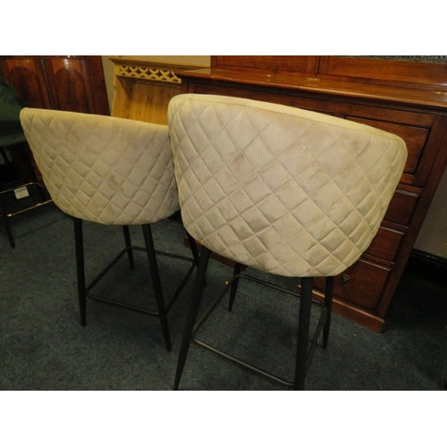 724 - A NEAR PAIR OF UPHOLSTERED BAR STOOLS - DIFFERENT SEAT HEIGHTS