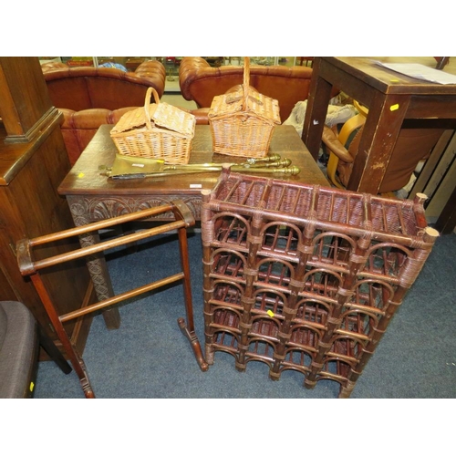 741 - A PART BRASS COMPANION SET, WICKER HAMPERS, WINE RACK ETC