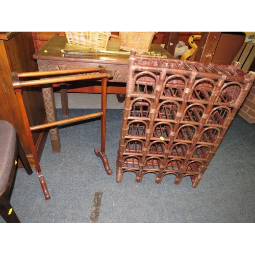 741 - A PART BRASS COMPANION SET, WICKER HAMPERS, WINE RACK ETC