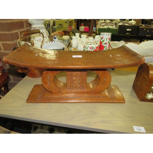 747 - AN UNUSUAL TRIBAL STOOL, WALNUT DOMED BOX AND A COPPER KETTLE (3)