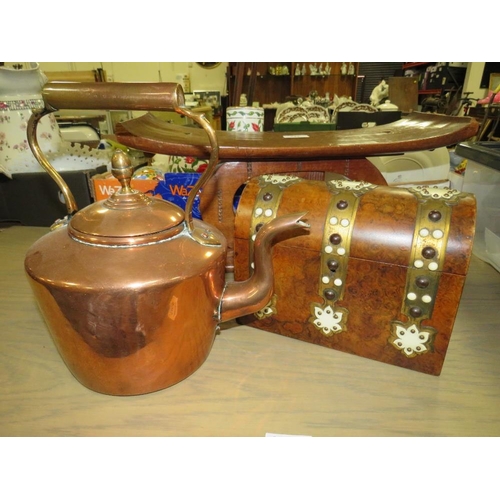 747 - AN UNUSUAL TRIBAL STOOL, WALNUT DOMED BOX AND A COPPER KETTLE (3)