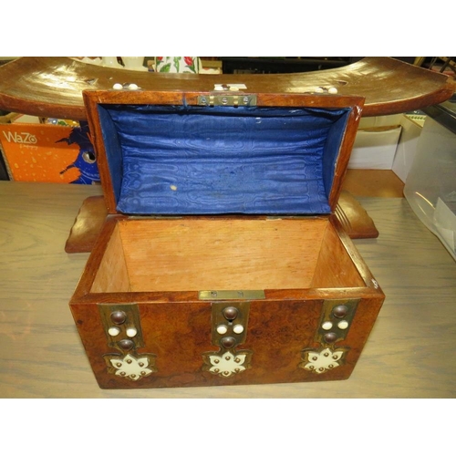 747 - AN UNUSUAL TRIBAL STOOL, WALNUT DOMED BOX AND A COPPER KETTLE (3)