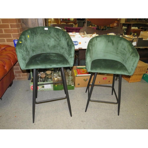 753 - A NEAR PAIR OF GREEN STOOLS (DIFFERENT SEAT HEIGHTS)