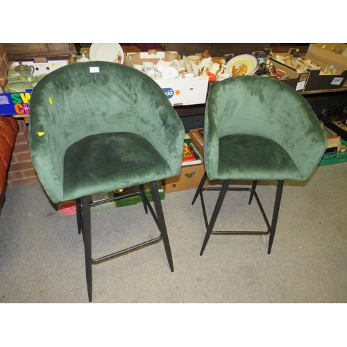 753 - A NEAR PAIR OF GREEN STOOLS (DIFFERENT SEAT HEIGHTS)