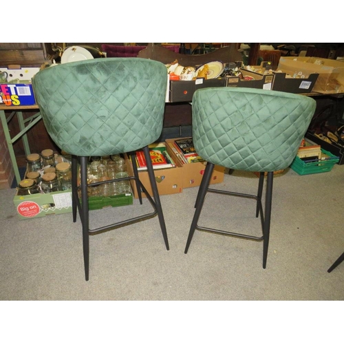 753 - A NEAR PAIR OF GREEN STOOLS (DIFFERENT SEAT HEIGHTS)