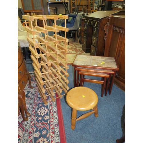 774 - A MID CENTURY TILE TOP NEST OF TABLE TOGETHER WITH A STOOL AND A WINE RACK (3)