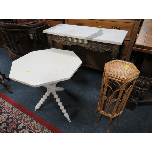 786 - A MARBLE TOPPED OCCASIONAL TABLE TOGETHER WITH ANOTHER TABLE AND A WICKER STAND (3)