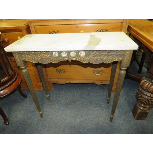 786 - A MARBLE TOPPED OCCASIONAL TABLE TOGETHER WITH ANOTHER TABLE AND A WICKER STAND (3)