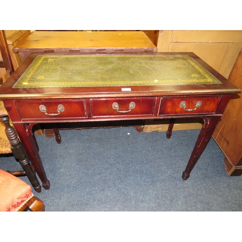 802 - A REPRODUCTION LEATHER TOP SIDE TABLE PLUS A PAIR OF EDWARDIAN CHAIRS (3)