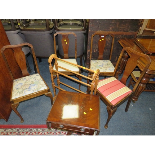 807 - A SET OF FOUR VINTAGE DINING CHAIRS, TOWEL RAIL AND A TABLE