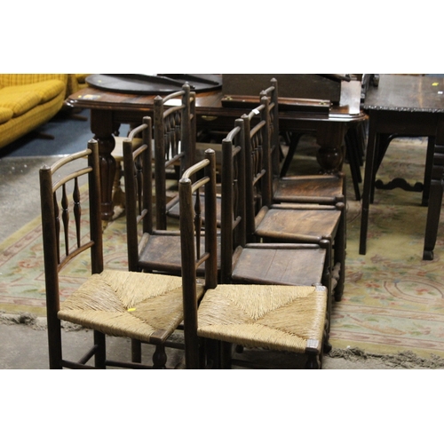 823 - A COLLECTION OF EIGHT ASSORTED ANTIQUE CHAIRS TO INCLUDE PUSH SEAT AND SPINDLE BACK EXAMPLES