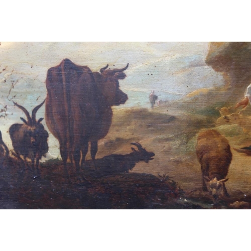 110 - WILLEM ROMEYN (HAARLEM 1624 - c.1694). A shepherdess with her herd in a landscape, oil on panel, unf... 