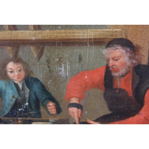 111 - GERMAN SCHOOL (18TH CENTURY). A cobblers workshop and a kitchen interior, oils on copper, a pair, gi... 