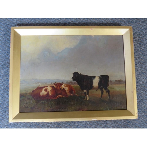 122 - (XIX). British school, cattle resting in a stormy landscape, unsigned, oil on canvas laid on card, f... 