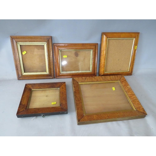 34 - FIVE SMALL 19TH CENTURY MAPLE PICTURE FRAMES, average frame W 4 cm, largest rebate 30 x 24 cm, small... 