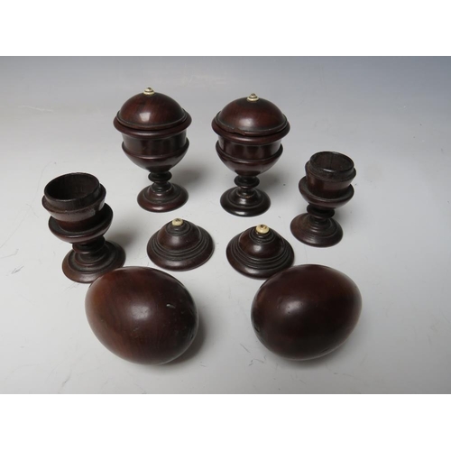 502 - A COLLECTION OF VARIOUS ITEMS OF TREEN, to include small lidded urns and two eggs