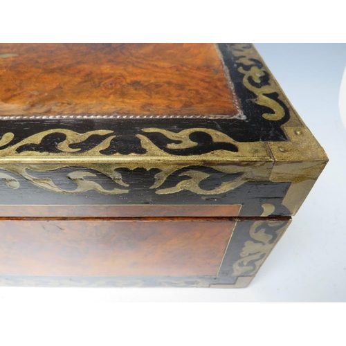 505 - A 19TH CENTURY WALNUT AND MAHOGANY WRITING SLOPE, with brass and painted inlaid decoration, W 50 cm