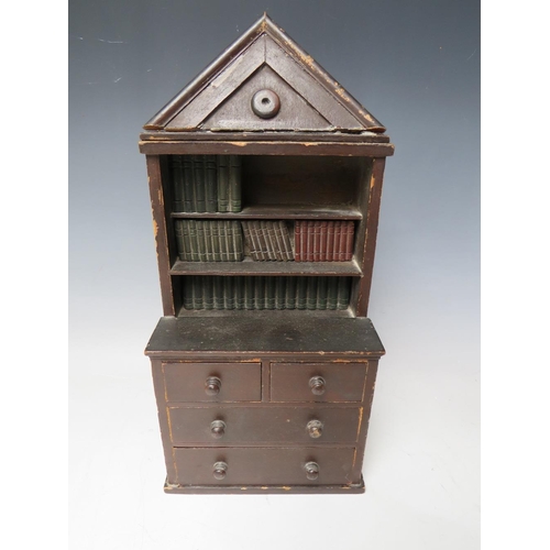 515 - A LATE 19TH CENTURY MINIATURE COUNTRYMADE LIBRARY BOOKCASE, with four drawers to the base, H 36 cm, ... 