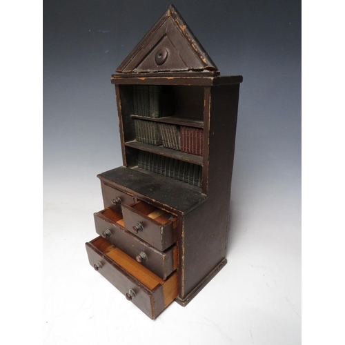 515 - A LATE 19TH CENTURY MINIATURE COUNTRYMADE LIBRARY BOOKCASE, with four drawers to the base, H 36 cm, ... 