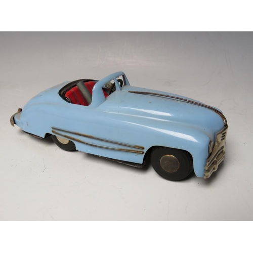 534 - A VINTAGE CLOCKWORK TINPLATE MINIC SPORTS CAR, with horn, box and key, L 17 cm, A/F