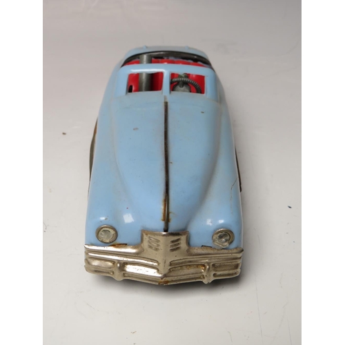 534 - A VINTAGE CLOCKWORK TINPLATE MINIC SPORTS CAR, with horn, box and key, L 17 cm, A/F