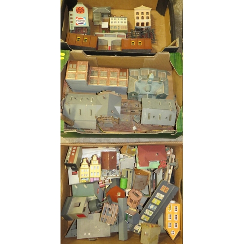 535 - THREE BOXES OF ASSORTED MODEL RAILWAY BUILDINGS IN VARIOUS SCALE SIZES