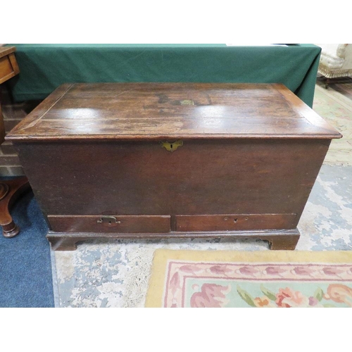 606 - A 19TH CENTURY OAK MULE CHEST, the typical hinged lid bearing brass plaque 'William Powell 1749' ?, ... 