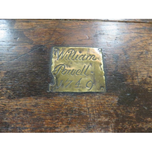 606 - A 19TH CENTURY OAK MULE CHEST, the typical hinged lid bearing brass plaque 'William Powell 1749' ?, ... 