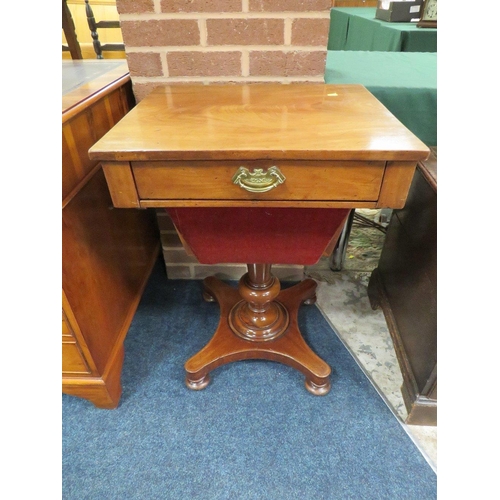 610 - A VICTORIAN MAHOGANY WORK TABLE, having single frieze drawer with pull-out sewing box below, raised ... 