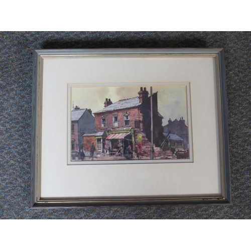 70 - GEORGE BUSBY (1926-2005). A street scene with figures 'Shop. Stoney Lane' see verso, signed and date... 