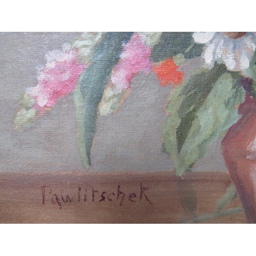 99 - PAWLITSCHEK (XX). Early 20th century circular still life study of flowers in a vase, signed lower le... 