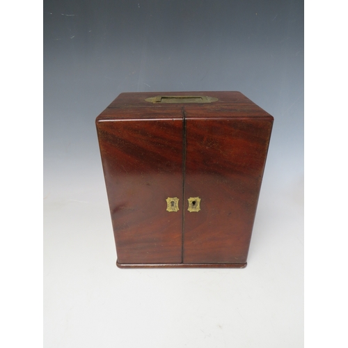 513 - A GEORGE III MAHOGANY TABLE TOP APOTHECARY CABINET, the twin doors opening to a fitted interior with... 