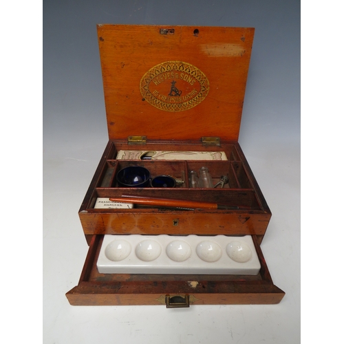 520 - A 19TH CENTURY MAHOGANY ARTISTS BOX, by Reeves & Sons, 113 Cheapside London, with assorted contents,... 