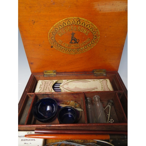 520 - A 19TH CENTURY MAHOGANY ARTISTS BOX, by Reeves & Sons, 113 Cheapside London, with assorted contents,... 