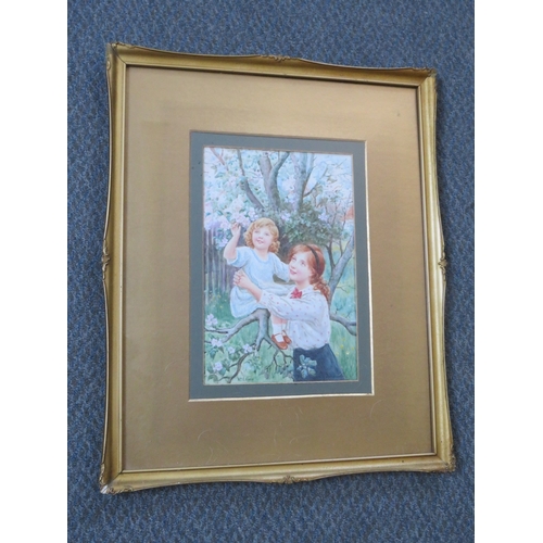 68 - WILLIAM E. EVANS (D.1909). Study of two children under a blossom tree 'Springtime'. see verso, signe... 