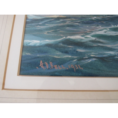 73 - A.D. BELL. British school, seascape with sailing vessel in a swell 'On Into the Night', signed and d... 