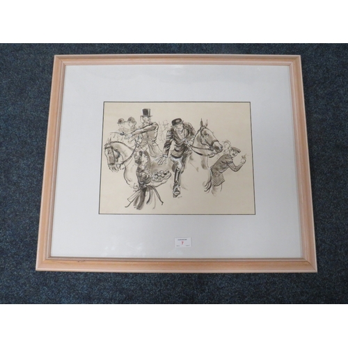 7 - W.O.W. (XX). A hunting cartoon/caricature, initialled lower centre, pen and ink, framed and glazed, ... 